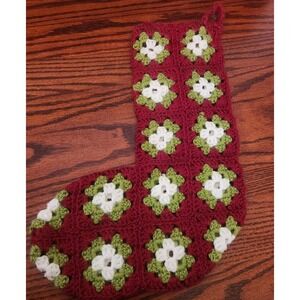 Vintage Hand Crocheted Retro GRANNY SQUARE Christmas Stocking Maroon White Green